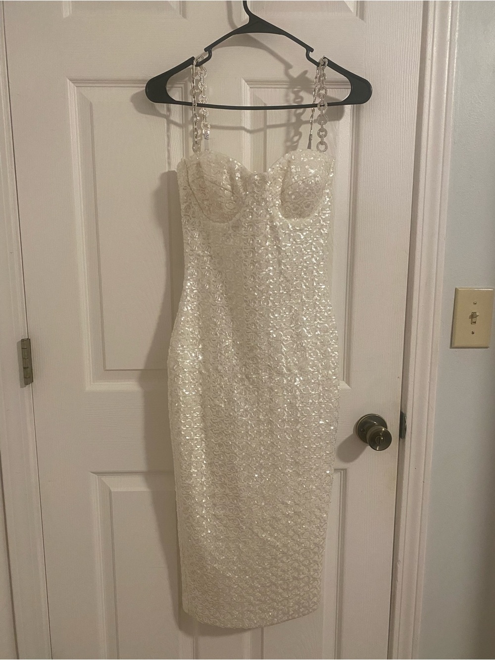 NADINE MERABI Ivory Sequin Midi Dress with Chain-Strap Detail
